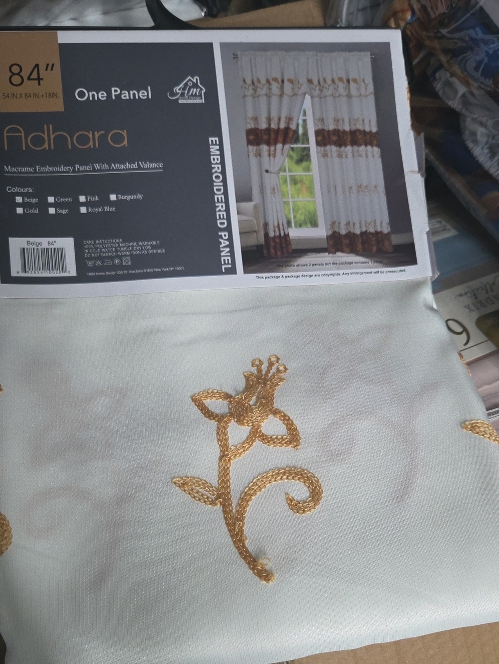 Embroidered Curtain Panel in Beige with Gold Motif
